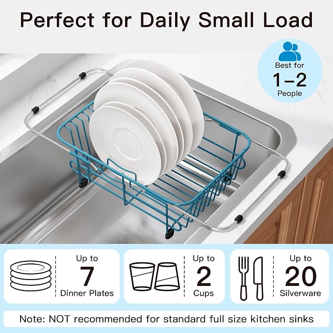 JASIWAY Blue Dish Drying Rack in Sink with Utensil Holder, RV, Apartment | Over Sink Expandable Stainless Steel Dish Drainers for Compact Kitchen, Space Saving, Fast Drain, Rustproof, For 1-2 people