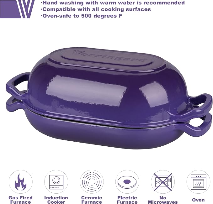 VORRINGARD Enameled Cast Iron Sourdough Bread Oven, Dutch Oven, Loaf Cast Iron Bread Pan for Homemade Bread Baking, Meatloaf Pan with Lid, 5QT, Purple