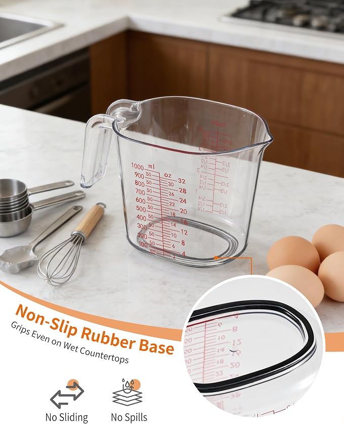 -BINGBING- Measuring Cups Set of 3, Plastic, Nesting Design, Pour Spout | 1L, 2 Cup, 1 Cup with Ml & Oz Markings, Non-Slip Base & Pour Spout for No Mess, Nesting Design for Kitchen, Baking & Cooking