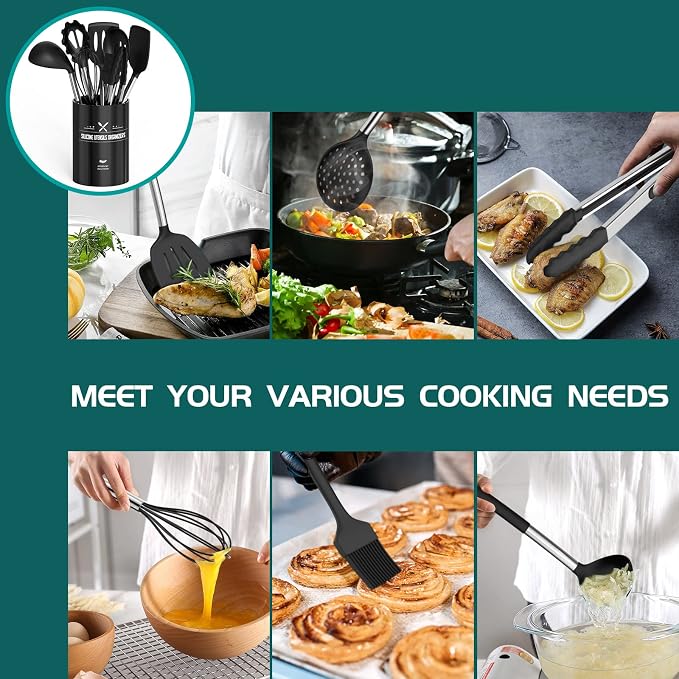Silicone Cooking Utensil Set, Umite Chef 15pcs Silicone Cooking Kitchen Utensils Set, Non-stick - Best Kitchen Cookware with Stainless Steel Handle - Black Kitchen Utensils