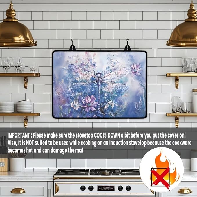Dragonfly Daisy Print Stove Top Covers Waterproof Electric Stove Cover Mat 29.18 x 20.97 inch Glass Cooktop Protector Large Coffee Machine Mat for Flat RV Range