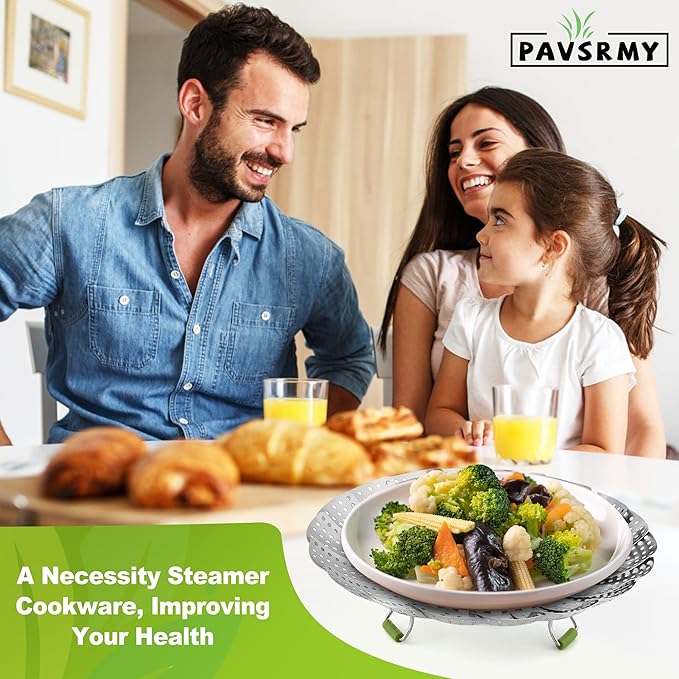 Pavsrmy Steamer Basket, 3rd Generation Stainless Steel Vegetable Steamer with Extendable Handle for Cooking Food, Folding & Expandable Veggie Steam Insert, Fit Various Size Instant Pot (5.5" to 9")