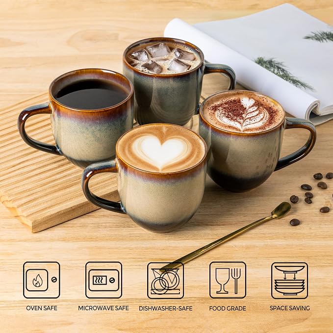 theterra Ceramic Coffee Mugs Set of 6, 12 oz Coffee Cups with Handle | Handmade, Suitable for Latte, Tea, Milk, Beer & Hot Cocoa, Mocha Brown