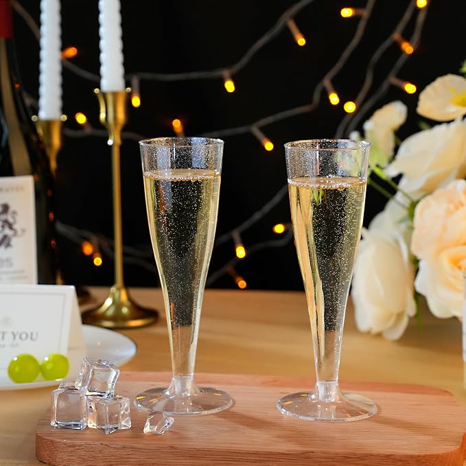 Bestluck 50Pack 4.5oz Silver Glitter Champagne Flutes Plastic | Plastic Disposable Stemware, Disposable Champagne Flutes for Party, Mimosa Bar, Wedding, Anniversary and Graduation