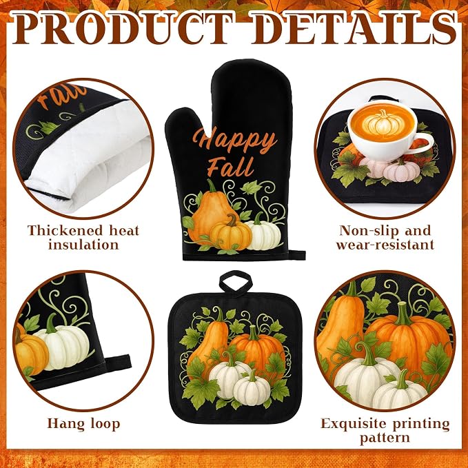 Fanfanwin 10 Pcs Fall Pumpkin Kitchen Decor and Accessories Set Kitchen Towels Pot Holders Oven Mitts and Rugs Sets for Home Autumn Decorations Cooking Baking Housewarming Gifts