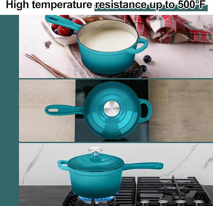 Leonyo 1Qt & 2Qt & 3Qt Cast Iron Saucepan Set, Dutch Oven Pot, Lake Green | For All Cooktops Cooking Pasta, Milk, Oatmeal - Up to 500°F & Nonstick