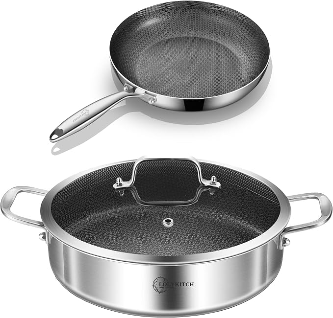LOLYKITCH 6 QT Saute Pan with Lid & 8'' Frying Pan Set | Detachable Handle | Ceramic Nonstick | Tri-Ply Stainless Steel | Hybrid Cookware Set | Oven & Induction Ready | PFOA-FREE | For Searing Frying