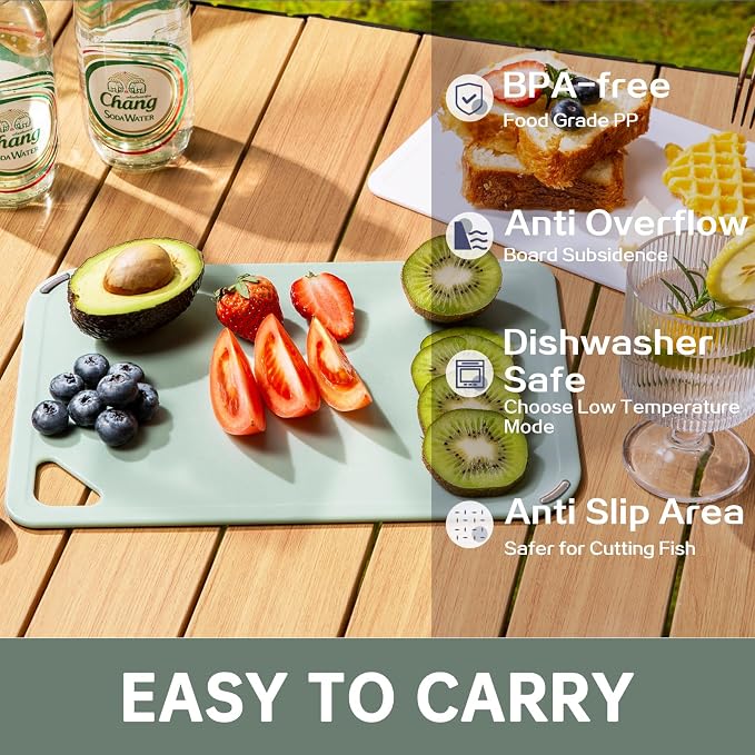 Plastic Cutting Board Set of 3-Cutting Boards for Kitchen BPA Free | Large-Small Chopping Boards, Non-Slip for Cooking, Dishwasher Safe, Camping, Portable, with Grip Handle, Sage Green