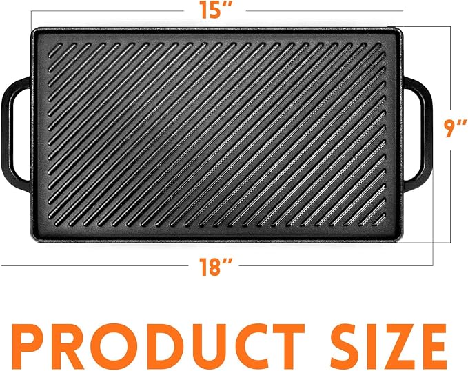 GGC Cast Iron Reversible Griddle | Double-sided Griddle Pan for Stove Tops and Gas Grills, 15"x 9" Griddle Plate with Flat and Ribbed Side for Cooking