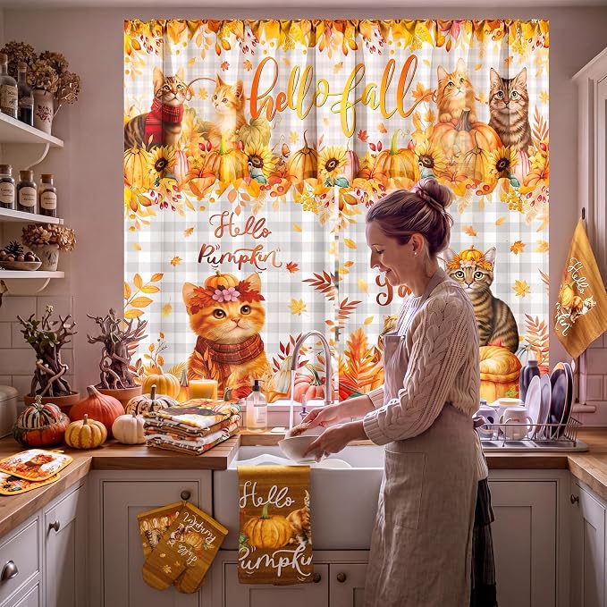 13 Pcs Fall Kitchen Decor Set, Cute Cat Themed Kitchen Towels, Cats Non Slip Floor Mats, Curtains and Valance, Pot Holders Oven Mitts, Home Decoration Gift for Cooking Baking