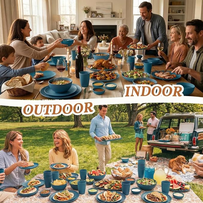 Wheat Straw Dinnerware Sets for 8, 40 Pcs Unbreakable Plates and Bowls Sets, Microwave Dishwasher Safe Dish Set, Reusable Plastic Dishes for Kitchen, Camping, Deep Plates for Salad (Blue)