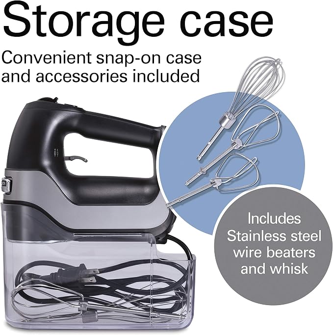 Hamilton Beach Professional 5-Speed Electric Hand Mixer | High-Performance DC Motor | Slow Start | Snap-On Storage Case | Stainless Steel Beaters & Whisk | Black | 62651