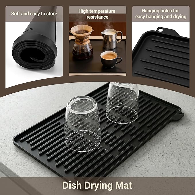 Silicone Coffee Mat for Countertop, 24x16 inch Heat Resistant Espresso Machine Mat, Non-Slip Coffee Bar Mat with Detachable Drying Area and Raised Edge, Waterproof Station Pad - Black