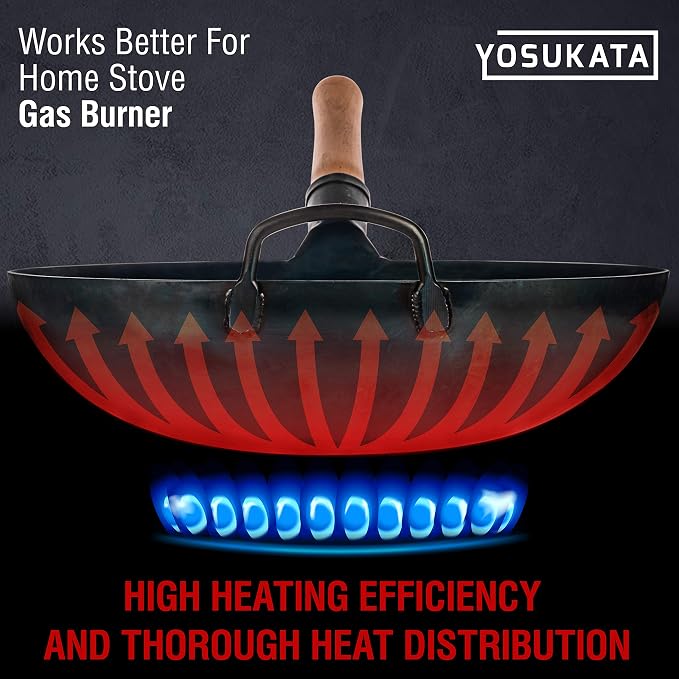 YOSUKATA 14” Round Bottom Carbon Steel Wok Pan – Blue Pre-Seasoned Pow Wok for Stir Fry, BBQ & Camping – Traditional Japanese & Chinese Cookware – Compatible with Gas Stoves & Open Fire Only