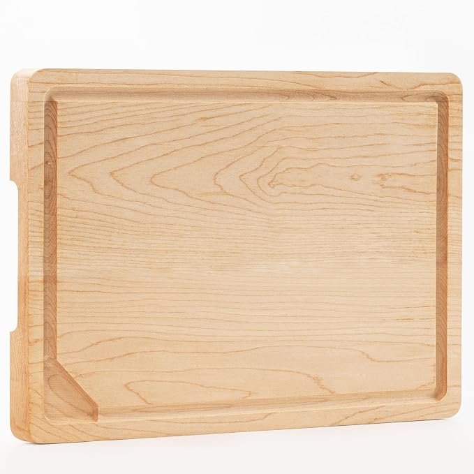 USA-Sourced Maple Wood Cutting Board for Kitchen (12”x8”x0.8”) Pre-Oiled Wooden Chopping Board, Maple Wood Grain Reversible Butcher Block with Juice Groove & Handlers