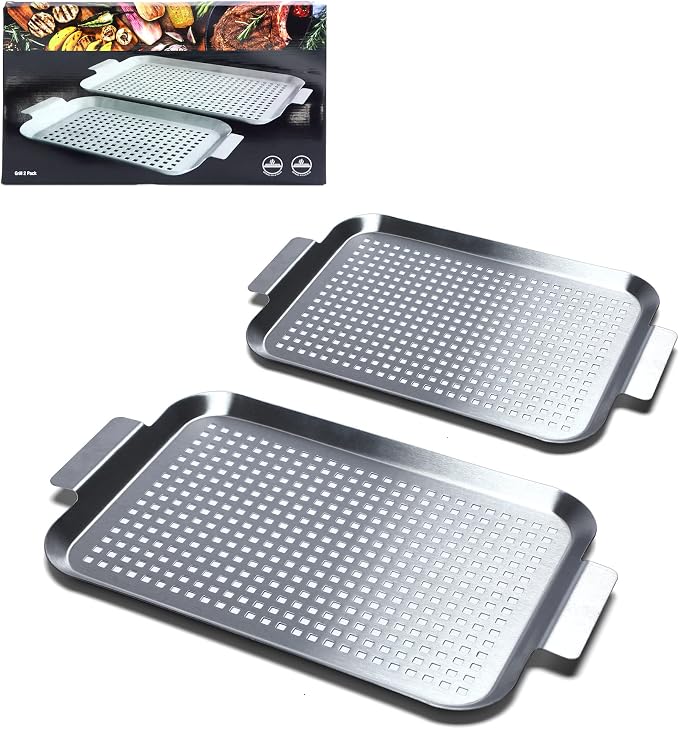 Grill Pan Set of 2, BBQ Grill Topper for Outdoor Grill, Stainless Steel Grilling Baskets with Holes and Handles, Perforated Food Tray Barbecue Accessories for Vegetable, Fish, Meat, Seafood | Stainless Steel Grilling Baskets with Holes and Handles, Per...