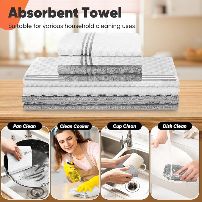 Oven Mitts Kitchen Towels and Dishcloths with Pot Holders Sets, Oven Gloves Hot Pads 500°F Heat Resistant with Silicone Grip, Include 2 Cooking Gloves/2 Potholders/4 Kitchen Towels/4 Dish Towels-Gray