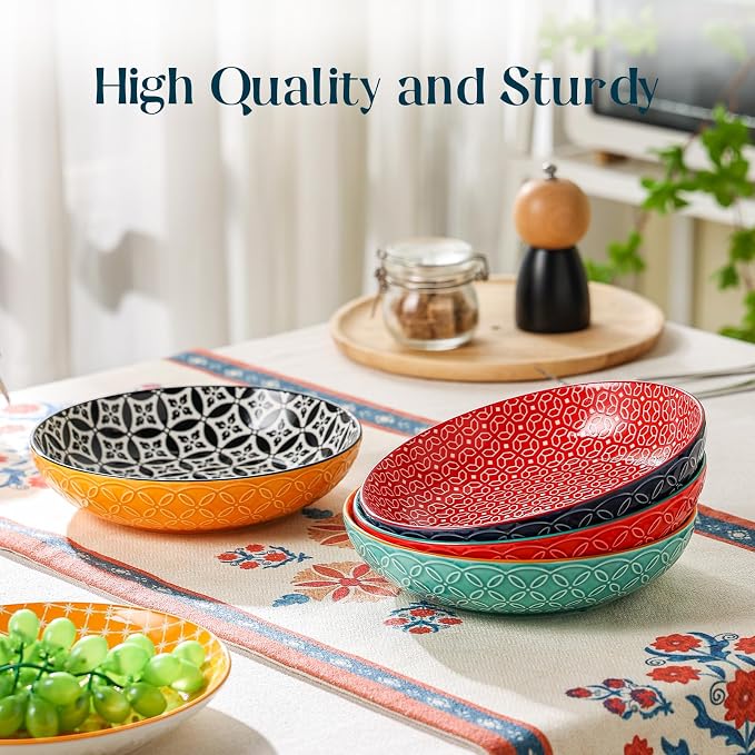 DOWAN 8.5" Vibrant Pasta, Salad & Soup Serving Bowls Set of 4, Embossed Large Porcelain Ceramic, Microwave, Oven & Dishwasher Safe, Bonita Design Perfect for Daily Dining, Family Gatherings, Party