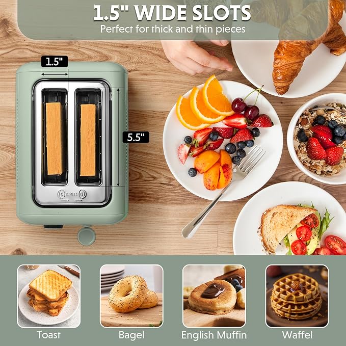 BUYDEEM DT620 2-Slice Toaster, 7 Shade Settings, Extra Wide 1.5'' Slots for Bagel & English Muffin, 6 Toasting Functions, Retro Stainless Steel Toaster with High Lift Lever, Cozy Greenish