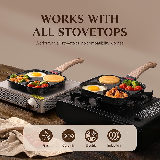 Egg Pan with Lid 4 Cup Nonstick Egg Frying Pan Omelette Skillet | Aluminum 4-Hole Omelette Pan with Glass Lid, Spatula, and Silicone Brush. Works for Breakfast Eggs, Bacon, and Mini Pancakes.