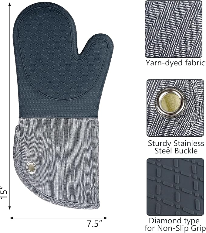 Professional Microwave Silicone Oven Mitts one Pair, Kitchen Mitten Set | Heat Resistant with 500 Degrees Oven Gloves Pot Holder for BBQ Cooking Baking (Gray)