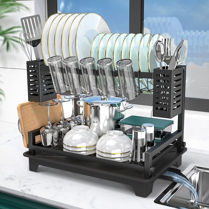 Dish Drying Rack: 2 Tier Dish Racks for Kitchen Counter and Sink | Large Dish Drying Rack with Drainboard & Utensil Holders - Stainless Steel Dish Drainers Kitchen Organization and Storage