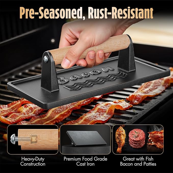 Pisol Pre-Seasoned Cast Iron Smash Burger Press, 2 lb Meat Press Tool, 2PCS | Rustproof, Pre-Seasoned, Flat Bottom, Wooden Handle, Dishwasher Safe, No Stick, Easy to Clean, 6.6'' Wide, 2lb