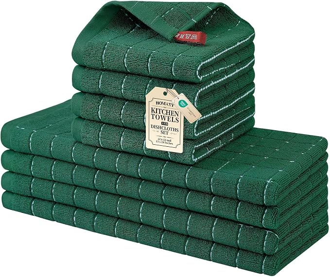 Homaxy Kitchen Towels and Dishcloths Set, Set of 8, Dark Green | Bulk Cotton Terry Kitchen Towels, Checkered Designed, Soft and Super Absorbent Dish Towels, 12 x 12 and 13 x 28 Inches