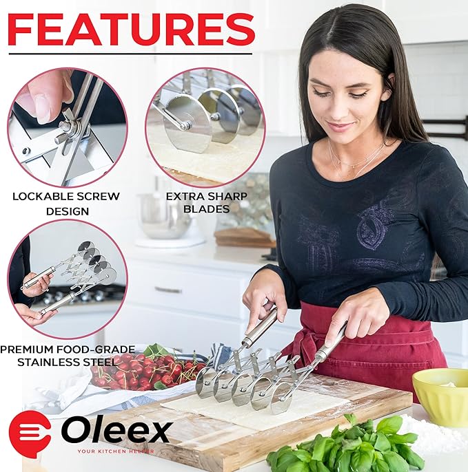 Oleex ‘All-Dough’ Pastry Cutter Set. 5 Wheel Dough Cutter and Dual Fluted Ravioli Cutter Wheel/Pizza Cutter Wheel! Versatile Brownie Cutter, Pasta Maker, Noodle Cutter, Stainless Steel Pizza Slicer