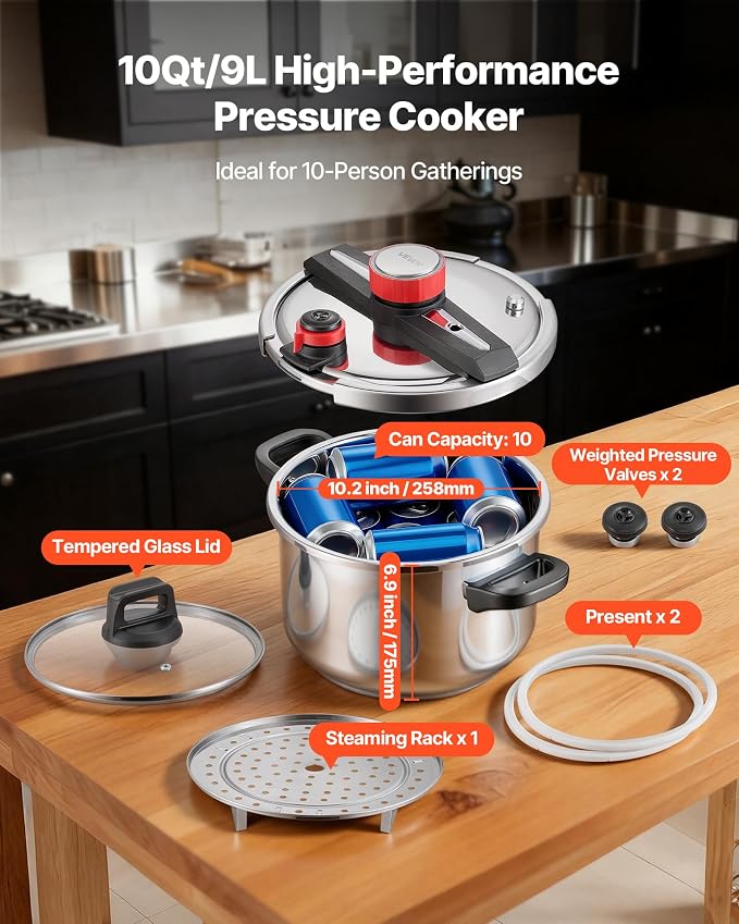 VEVOR Pressure Cooker, 10Qt Pressure Cooker Stainless Steel, Pressures Canner with Steaming Rack, Tempered Glass Lid, Three Pressures Settings for Meat, Beans, Rice, Soup, Sauces, Cook up to 100 kPa