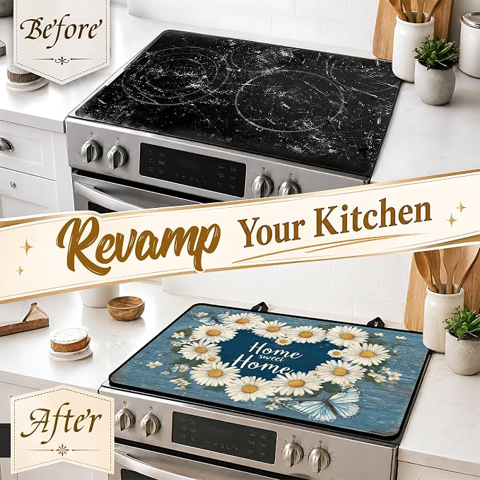 Stove Top Covers with A Non-slip Rubber Coating—protect Your Stove from Scratches, Extend Countertop Space, and Add A Classic Kitchen Touch. (Daisy wreath, 28"L x 20"W)