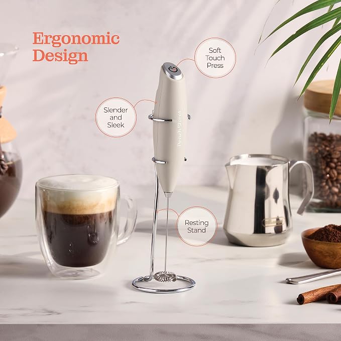Powerful Handheld Milk Frother, Mini Milk Foamer, Battery Operated Stainless Steel Drink Mixer with Frother Stand