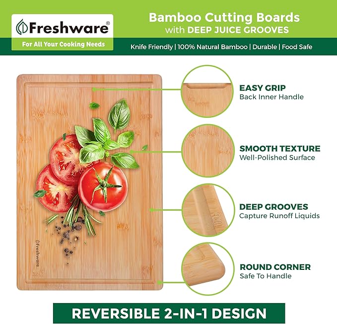 Freshware Freshware Bamboo Cutting Boards for Kitchen with Juice Groove [Set of 2] Wood Cutting Board for Chopping Meat, Vegetables, Fruits, Cheese, Knife Friendly Serving Tray with Handles