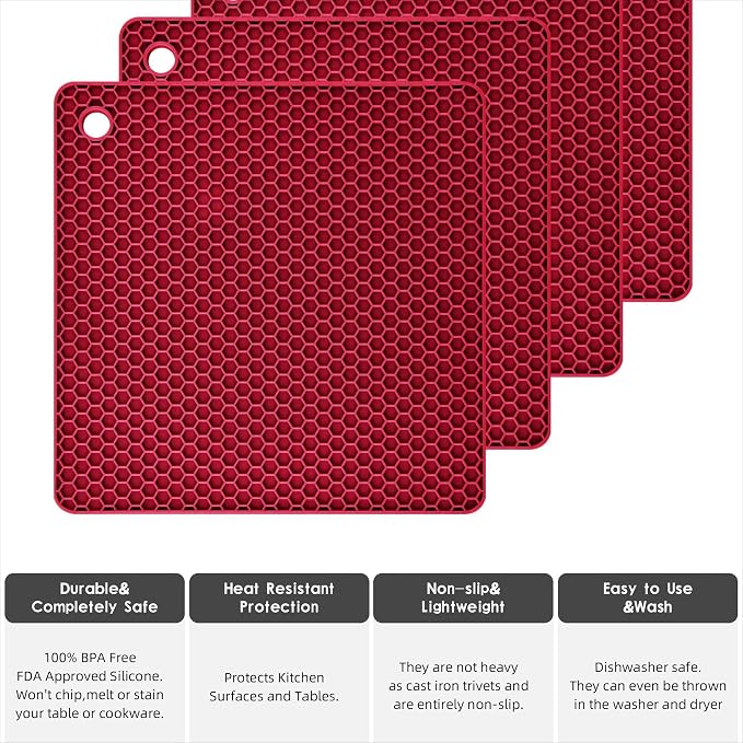 Silicone Trivets for Hot Dishes, Pots and Pans, Hot Pads for Kitchen, Merlot Red Silicone Pot Holders Mats for Kitchen Quartz Counter Heat Resistant Mat, Flexible Table Trivet Mat Set 4