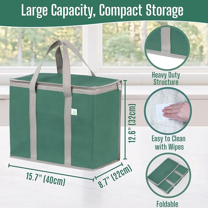 VENO 3 Pack Cooler Bag Insulated Grocery Bags for Food Delivery Heavy Duty | Large Collapsible Cooler, Reusable Shopping Tote with Zippers, Foldable, Stands Upright, for Picnic Camping (Green, 3 Pack)
