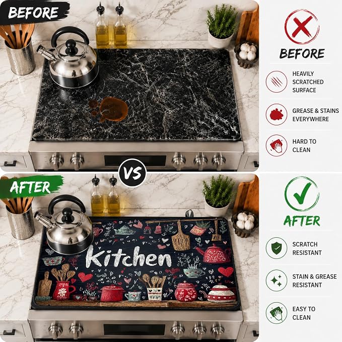 Electric Stove Top Cover for Glass Top, Chalkboard Kitchen Decor – Heat Resistant Flat Stove Top Covers, Decorative Scratch Protector Mat for Glass Ceramic Cooktop, Non-Slip, 28"x20"
