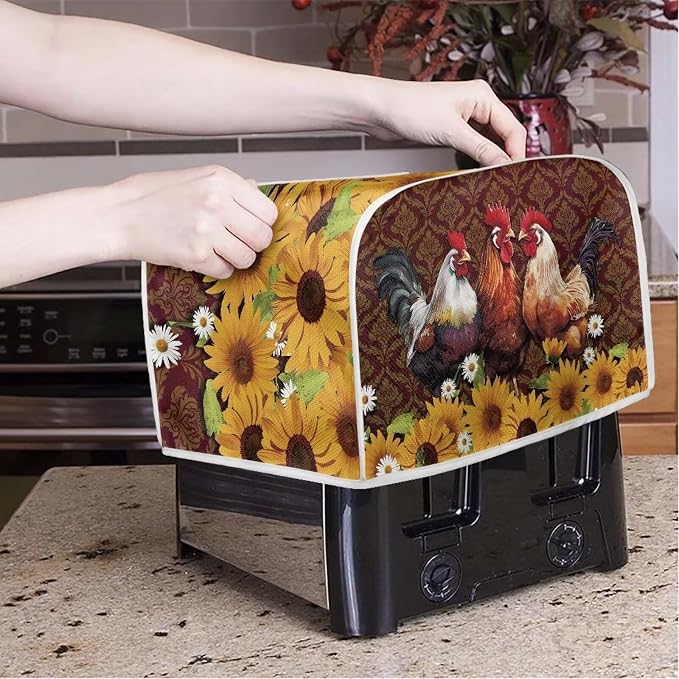 Chicken Rooster Sunflower Print Toaster Cover Kitchen Broiler Appliance Organizer Bag, Antidust Bakeware Protector, Washable Small Appliance Cover