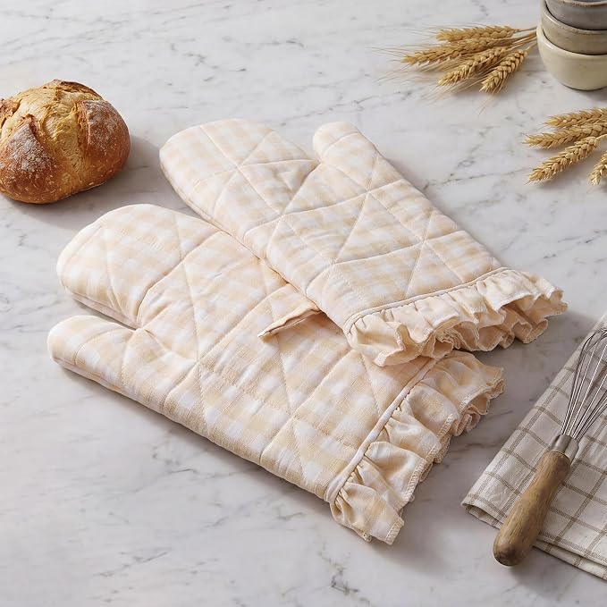 Twistover Checkered Oven Mitts 2-Pack Set, Cotton Gloves,Khaki | 13.5x6.5 Inch Size with Ruffle Trim, Non-slip Heat Resistant for Baking BBQ Microwave, Plaid Cotton for Cooking