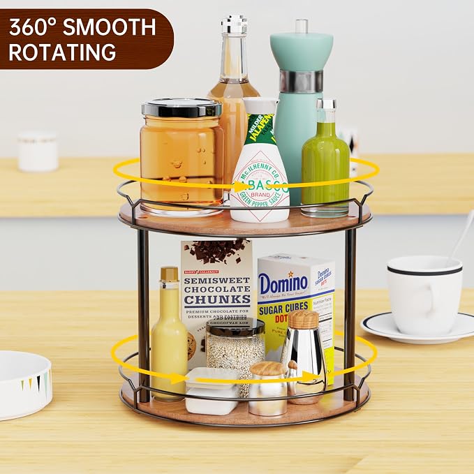 12.4" Lazy Susan Organizer 2 Tier, Rotating Spice Rack, Wooden Spinning Spice Holder for Inside Cabinet, Pantry, Kitchen, Countertop, Bathroom and Vanity, Versatile Storage