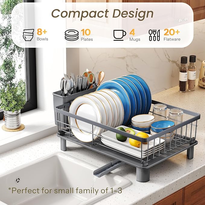 SNTD Dish Drying Rack for Small Kitchen Counter, 11" W x 15" L, Grey | Space Saving, Rotating Spout & Angled Drainboard for Quick Drainage, Stainless Steel, Removable Utensil Holder