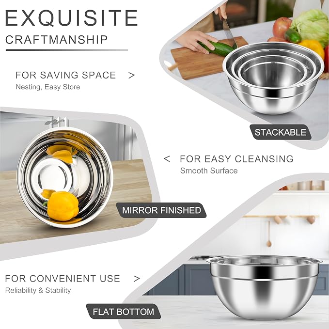 HaWare Mixing Bowls with Airtight Clear Lids, 6-Piece Nesting Bowls Set | Stainless Steel Salad Bowl for Cooking, Prepping, Baking, Serving & Food Storage, Size 4.6, 3, 1.5QT, Black