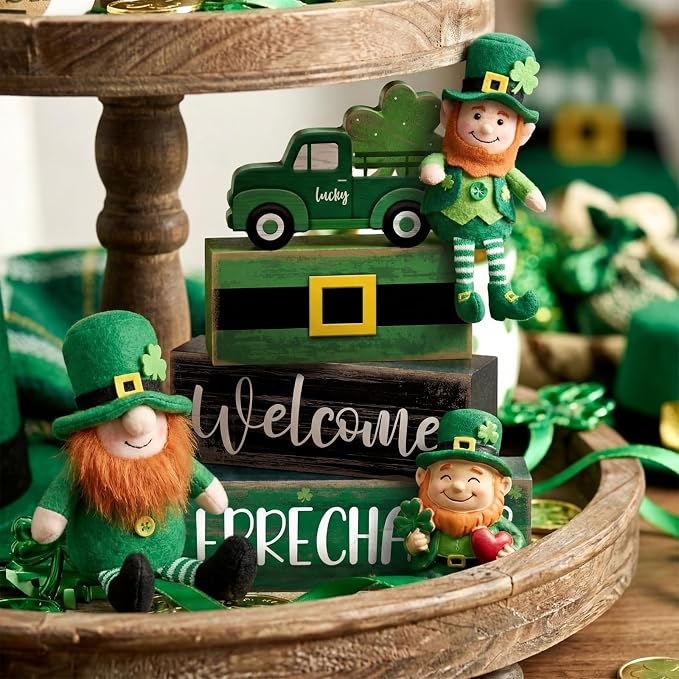 Lineshading 4 Pcs Wooden Leprechaun Block Signs Tiered Tray Decor | Rustic Farmhouse Shamrock Truck Signs, Stackable Tabletop Decor for St Patricks Day, Home Decor and Gifts