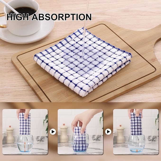 Kitinjoy Cotton 24 Pack Terry Kitchen Dish Cloths, Blue | 12 x 12 Inches Super Soft and Absorbent Dish Rags, Quick Drying Dish towels for Washing Dishes