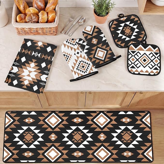 10 Pcs Kitchen Decor and Accessories Set, Western Boho | Aztec Tribal Geometric 4 Dish Towels Kitchen Rugs 2 Oven Mitts 2 Pot Holders, Home Decor for Cooking Baking BBQ Housewarming