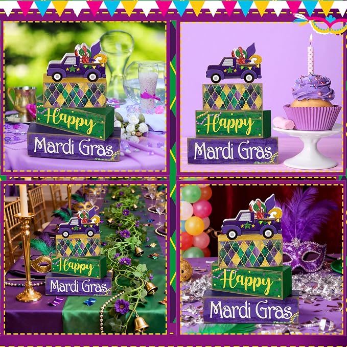 Lineshading 4 Pcs Mardi Gras Tiered Tray Decor Wooden Blocks, Truck | Rustic Farmhouse Block Signs with Purple Green Gold, Happy Text and Fleur-de-lis, Stacked Table Centerpiece for Parties