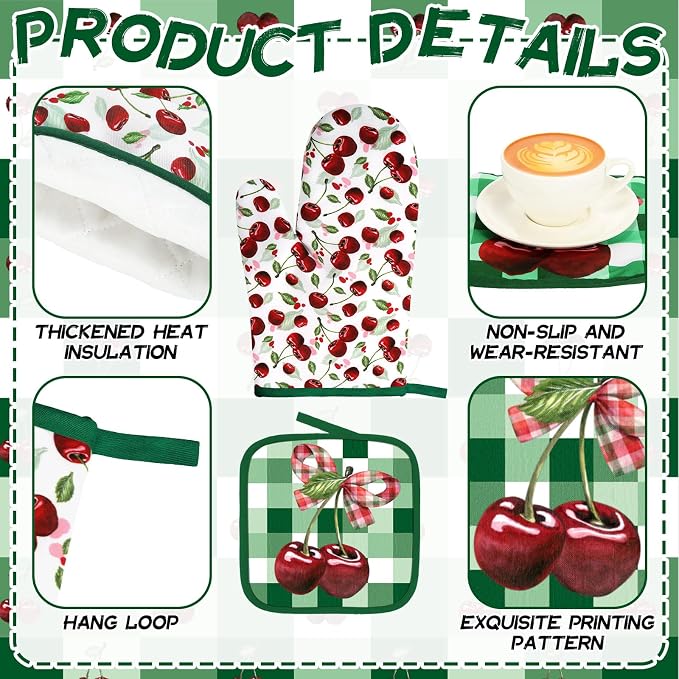 Fourluoo 10 Pcs Cherry Kitchen Decor and Accessories Set Cherry Kitchen Towels and Rugs Pot Holders Oven Mitts Set for Cooking Baking Mom Housewarming Gifts
