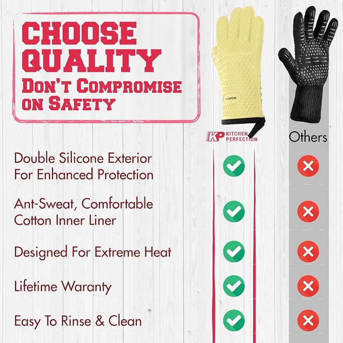 KITCHEN PERFECTION S Silicone Smoker BBQ Gloves - Heat Resistant Oven Mitts | Made For Women, Waterproof, 5-Finger Design For A Better Grip, For Meat Smoking, Grilling, Cooking, Frying Turkey, Grill Gift