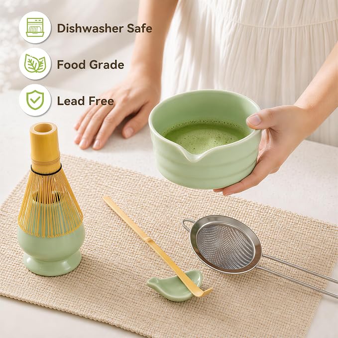 Matcha Whisk Set with Ceramic Bowl - Complete Matcha Making Kit, Bamboo Whisk (Chasen), Whisk Holder, Matcha Powder Sifter, Scoop, Japanese Tea Ceremony Tools（Green）