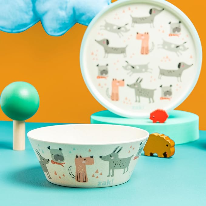 Zak Designs Kids Dinnerware Set 3 Pieces, Durable and Sustainable Melamine Bamboo Plate, Bowl, and Tumbler are Perfect For Dinner Time With Family (Dog)