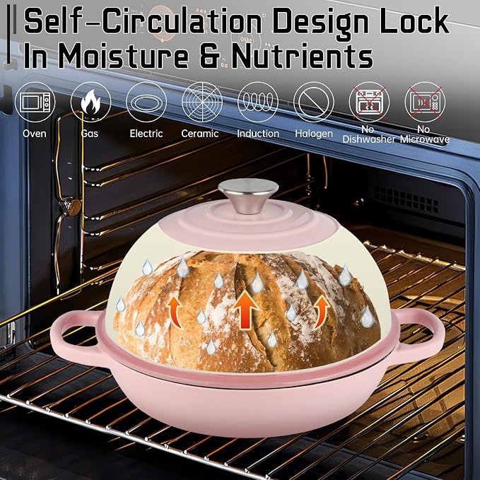 Enameled Bread Oven 10" Dutch Oven Pot with Lid Bread Dutch Oven Pink | for Sourdough Bread Baking, 6 Quarts Bread Pan with Dome Lid, Non-stick Cookware for Homemade Bread